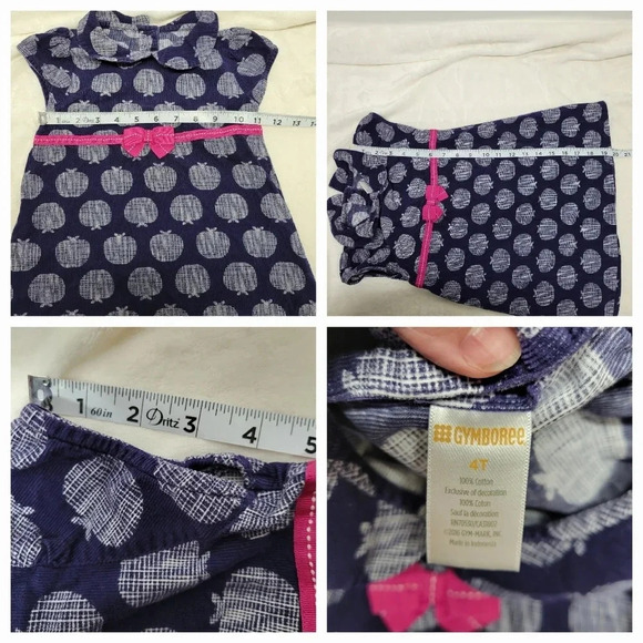 🌴3/$15🌴 Gymboree Girls Size 4T Dress Navy Blue Apples Pink Ribbon Waist - Picture 8 of 12